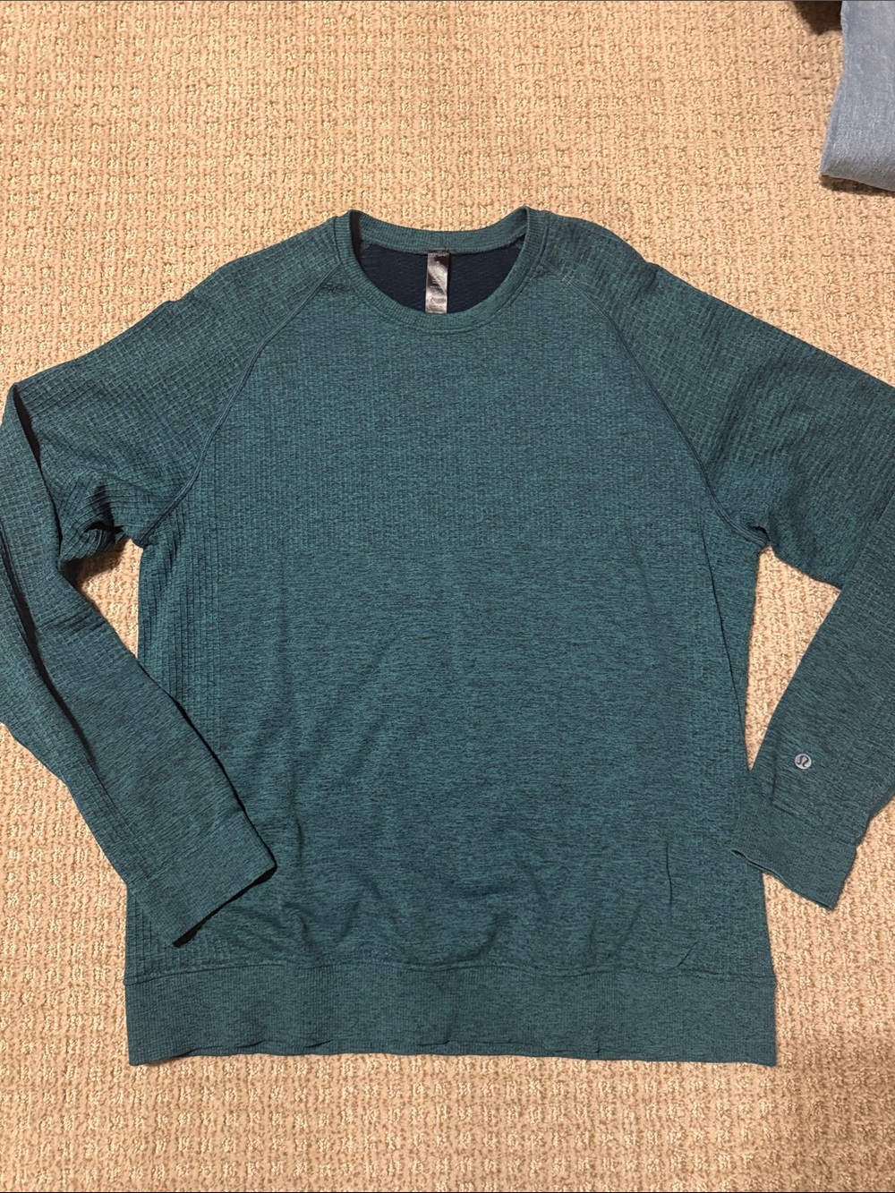 Men’s Lululemon teal heather long sleeve waffle weave pullover shirt sz XL Nice!